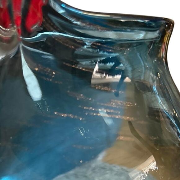 Large Blue and Gold Fleck Owl Glass Vase Handmade Art Glass - Picture 5 of 8